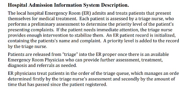 Hospital Admission Information System Description. The local hospital Emergency Room (ER) admits and treats patients that present themselves for medical treatment. Each patient is assessed by a triage nurse, who performs a preliminary assessment to determine the priority level of the patients presenting complaints. If the patient needs immediate attention, the triage nurse provides enough intervention to stabilize them. An ER patient record is initialized, containing the patientss name and complaint. A priority level is added to the record by the triage nurse. Patients are released from triage into the ER proper once there is an available Emergency Room Physician who can provide further assessment, treatment, is and referrals as needed. ER physicians treat patients in the order of the triage queue, which manages an orde determined firstly by the triage nurses assessment and secondly by the amount of time that has passed since the patient registered.