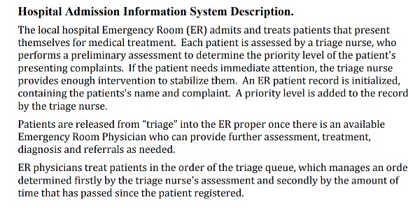 Hospital Admission Information System Description. The local hospital Emergency Room (ER) admits and treats patients that present themselves for medical treatment. Each patient is assessed by a triage nurse, who performs a preliminary assessment to determine the priority level of the patients presenting complaints. If the patient needs immediate attention, the triage nurse provides enough intervention to stabilize them. An ER patient record is initialized, containing the patientss name and complaint. A priority level is added to the record by the triage nurse. Patients are released from triage into the ER proper once there is an available 

<div class=