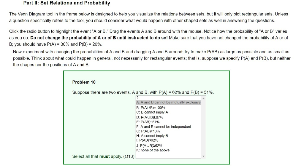 Solved Part Ii Set Relations And Probability The Venn Di