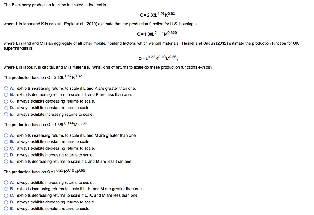 Solved The Blackberry Production Function Indicated In Th Chegg Com