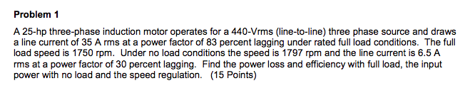 Solved Problem 1 A 25-hp three-phase induction motor | Chegg.com