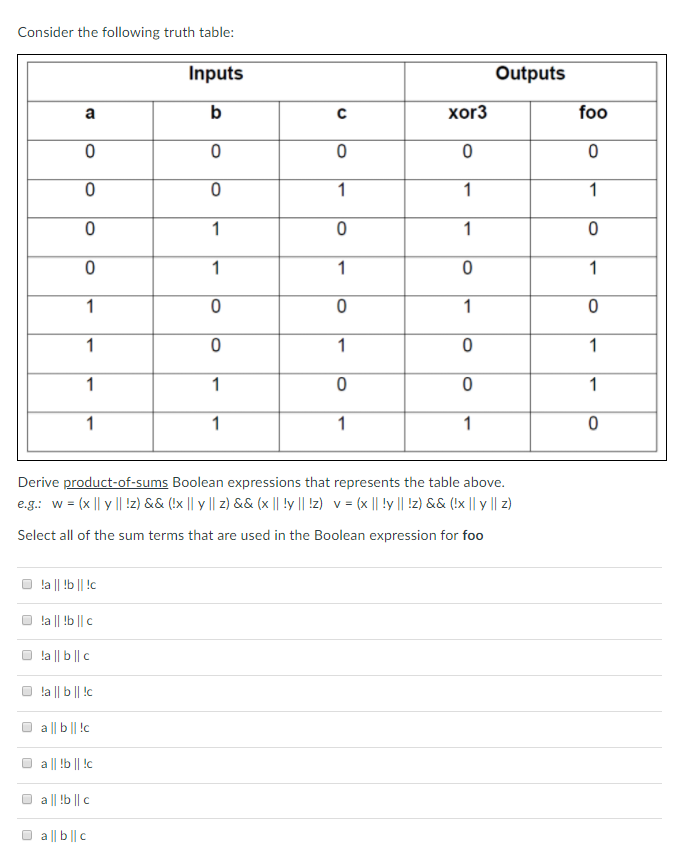 Consider the following truth table: Inputs Outputs xor3 foo 0 Derive product-of-sums Boolean expressions that represents the table above. Select all of the sum terms that are used in the Boolean expression for foo la ll bl lall bllc all bllc all bll all b ll allbllc