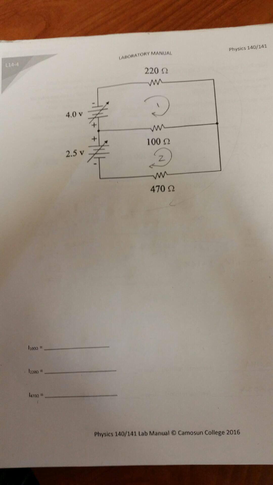 Physics 140/141 LABORATORY MANUAL し14-4 220 Ω 4.0 V 100 Ω