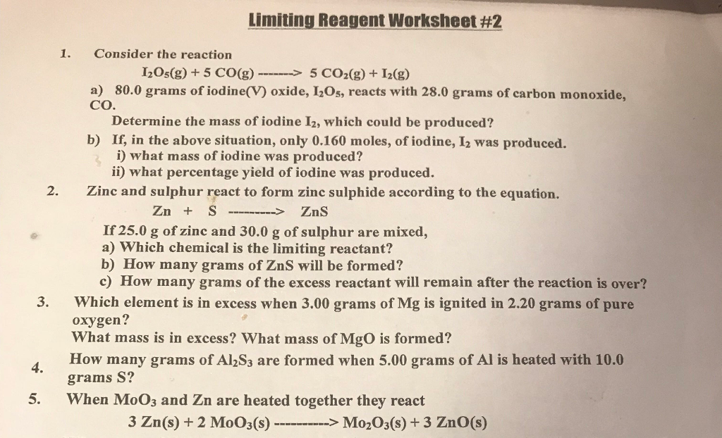 Solved Limiting Reagent Worksheet #2 1. Consider the | Chegg.com