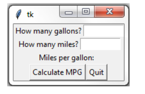 tk How many gallons? How many miles? Miles per gallon: Calculate MPG Quit