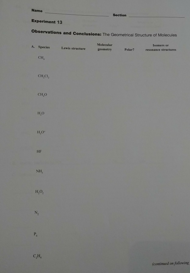 Name Section Experiment 13 Observations and Conclusions: The Geometrical Structure of Molecules Molecular A. Species Lewis structure geometry Isomers or Polar?resonance structures CH CH.CI 2 CH,O HO H,O HF NH H,O, C.H, (continued on following