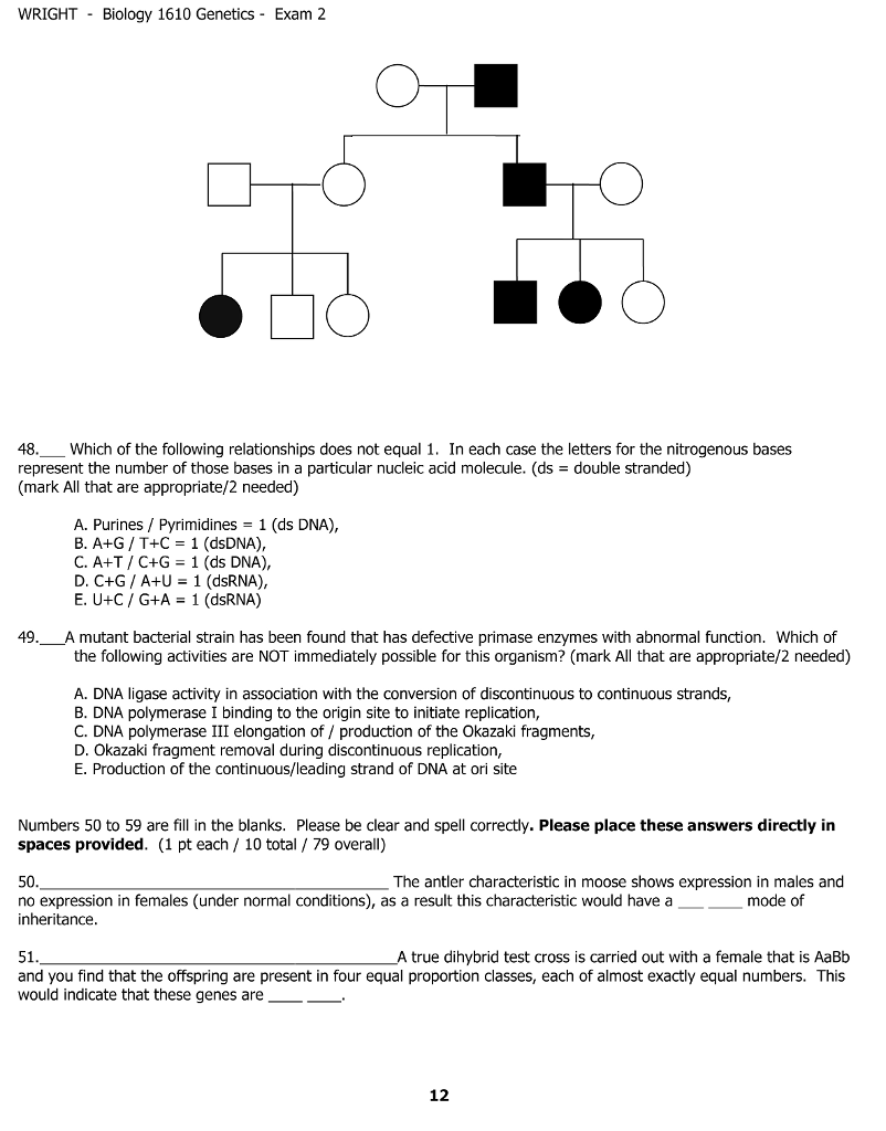 Solved: WRIGHT - Biology 1610 Genetics - Exam 2 Numbers 41... | Chegg.com