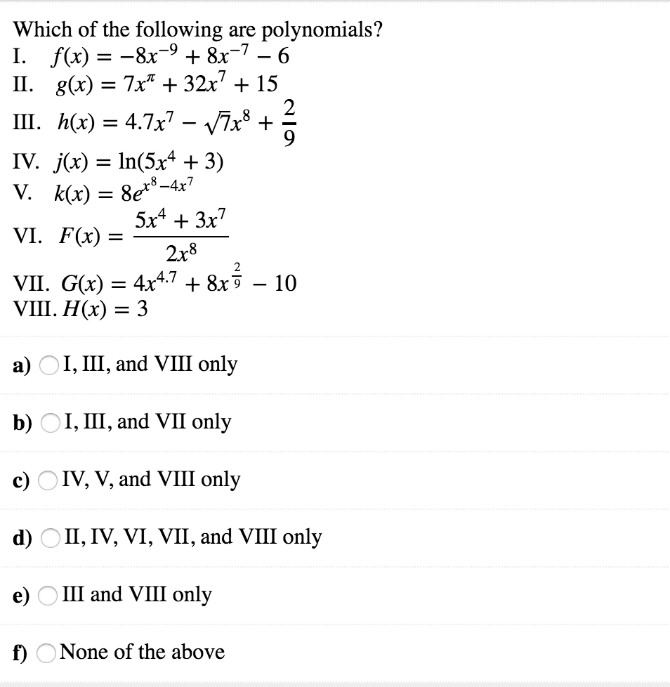 Solved Which Of The Following Are Polynomials 11 G X Chegg Com