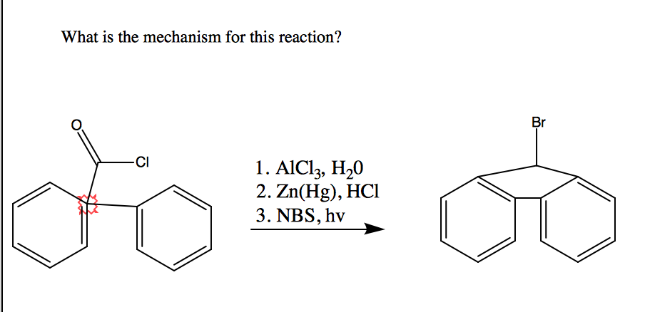 1. AlCl3, H20 2. Zn(Hg), HCl 3. NBS, hv Br.