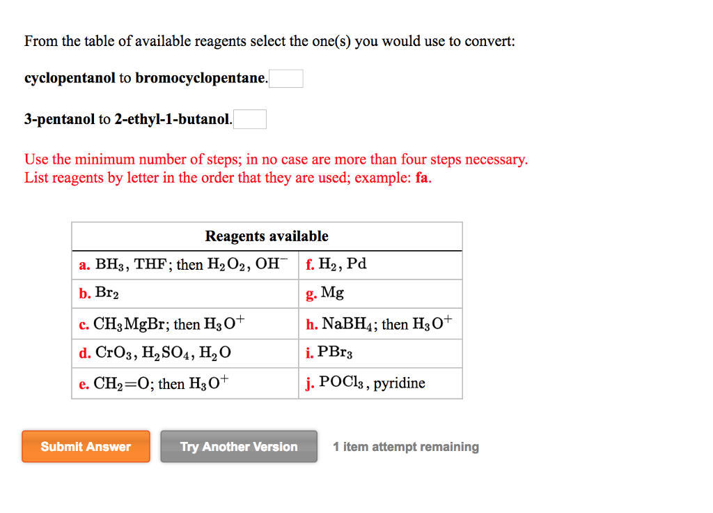 Solved From the table of available reagents select the