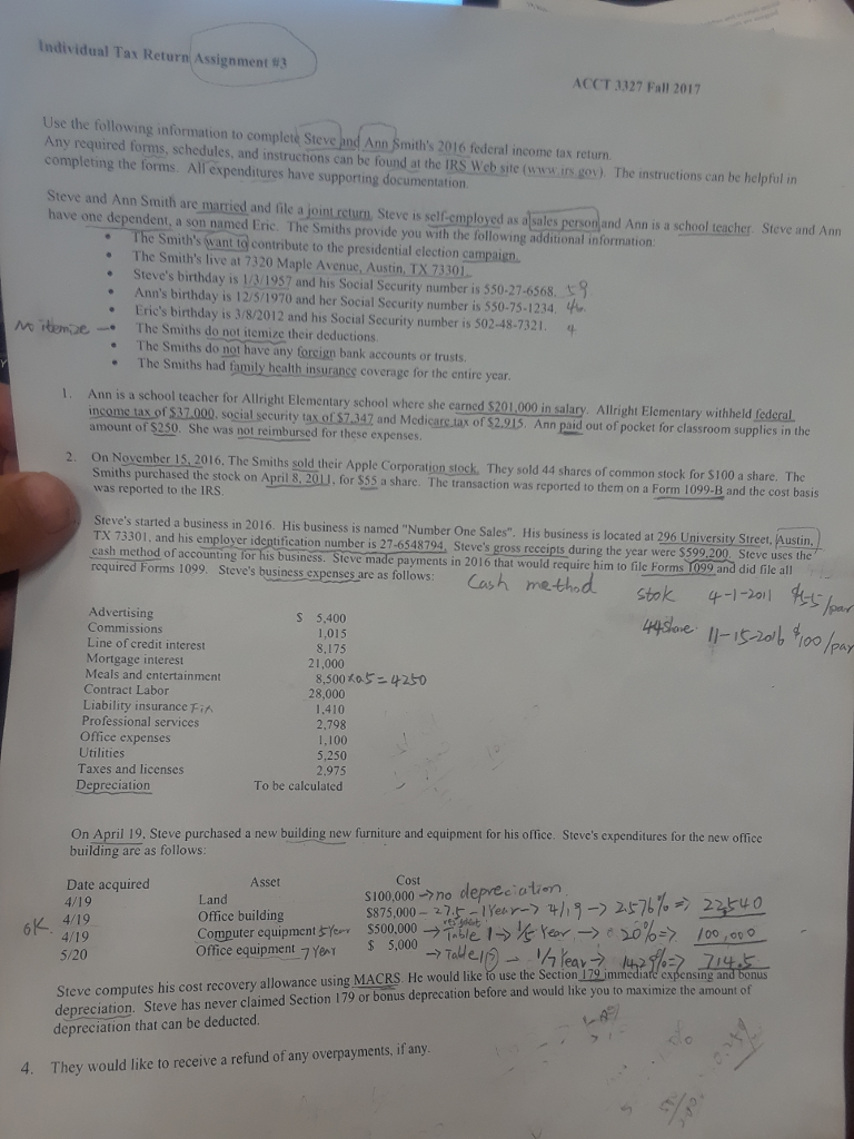 Individual Tax Return(Assignment#3 ACCT 3327 Fall ... | Chegg.com