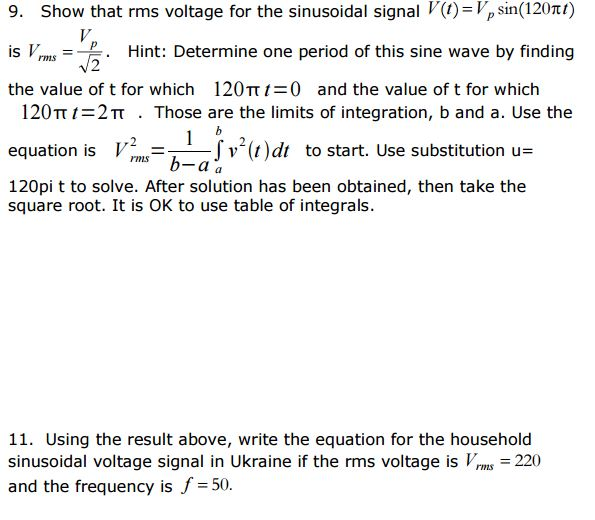 Solved Show That Rms Voltage For The Sinusoidal Signal V Chegg Com