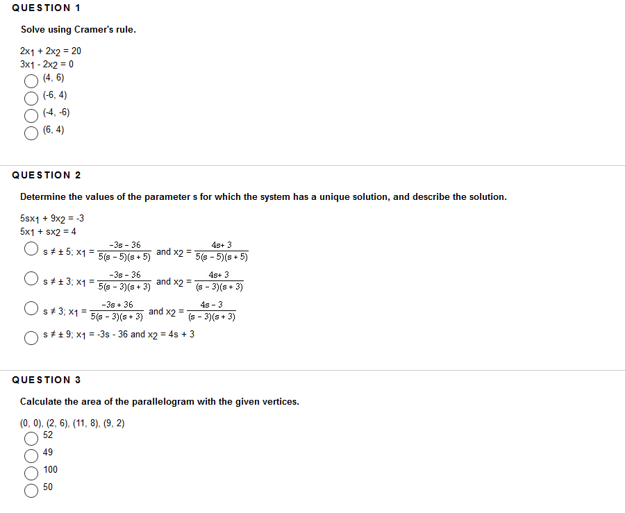 Solved Que S Tion 1 Solve Using Cramer S Rule 2x1 2x2 2 Chegg Com