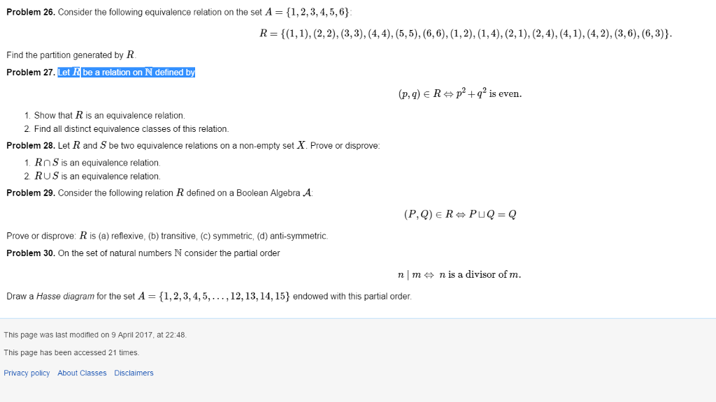 Solved Consider The Following Equivalence Relation On The Chegg Com