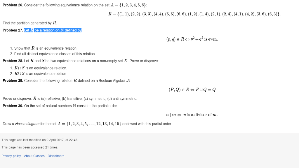 Consider The Following Equivalence Relation On The Chegg Com