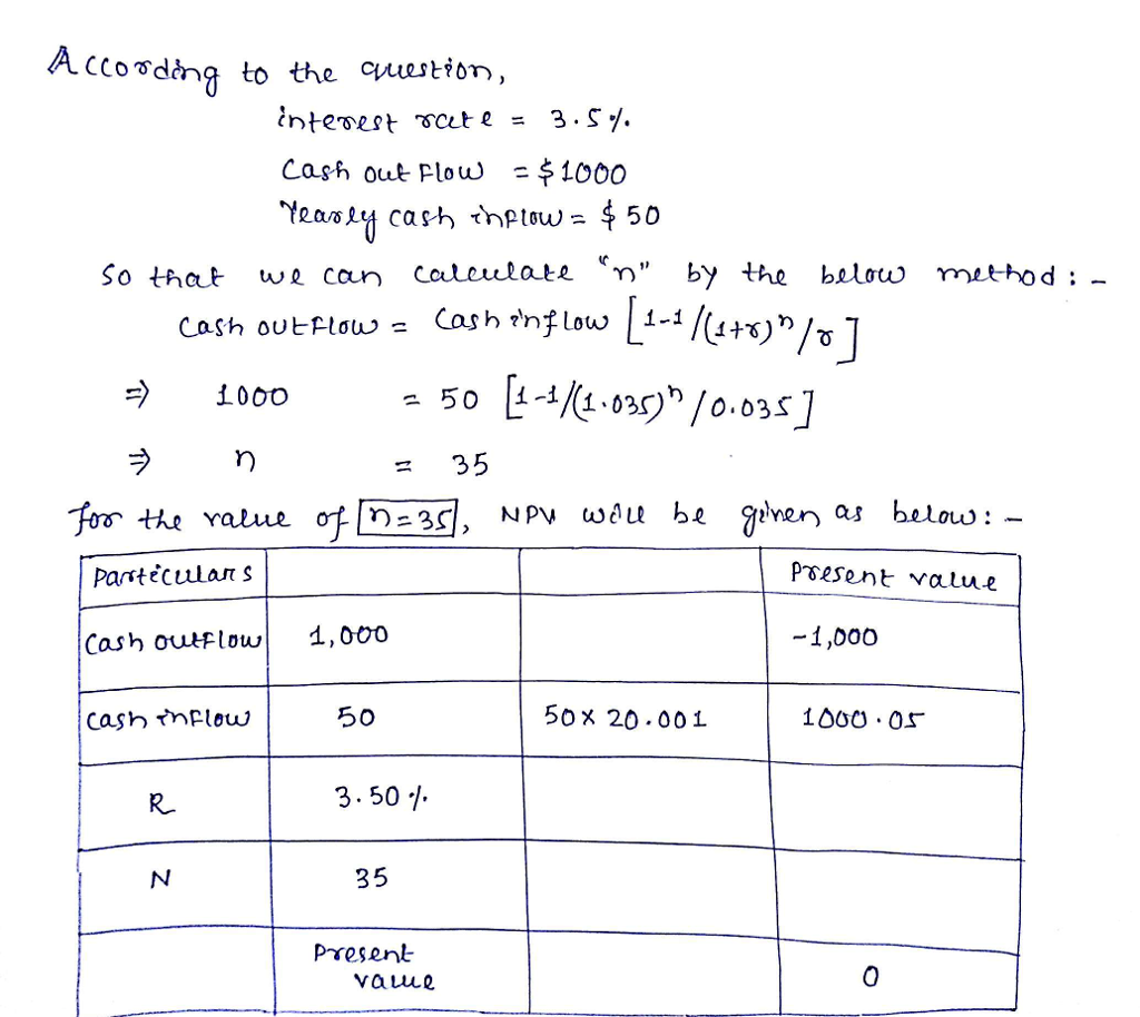 Question & Answer: For what value of n, based on 3.5 interest rate, do these cash flows have a present value of 0?..... 1