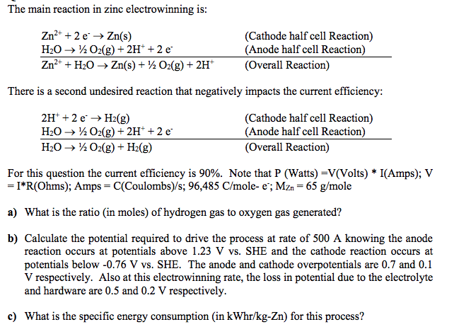 The Main Reaction In Zinc Electrowinning Is Zn2 Chegg Com