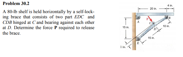 Problem 30.2 4 in. 20 in. A 80-lb shelf is held horizontally by a self-lock- ing brace that consists of two part EDC and CDB hinged at C and bearing against each other at D. Determine the force P required to release the brace. 10 in. 15 in 15 in 1 in.