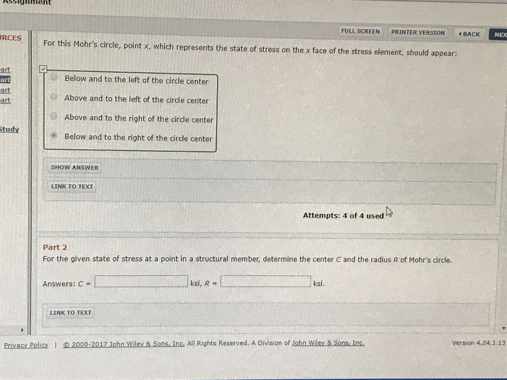 ... Assignment FULL SCREEN PRINTER VERSION BACK NEX RCES For this Mohrs  circle, point x,. Philpot, Mechanics of Materials, 3e ...