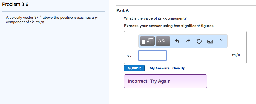 Solved A velocity vector 36∘ below the positive x-axis has a