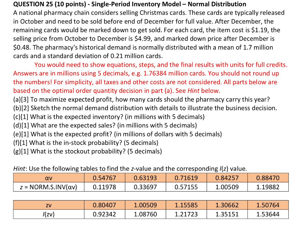 Solved Question 25 10 Points Single Period Inventory Chegg Com