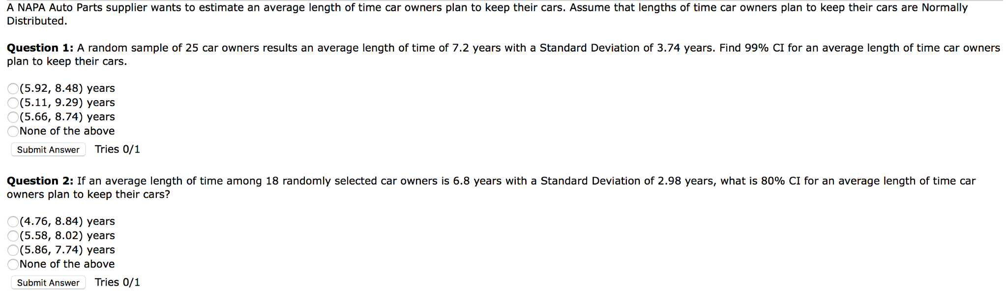 Solved A Napa Auto Parts Supplier Wants To Estimate An Av