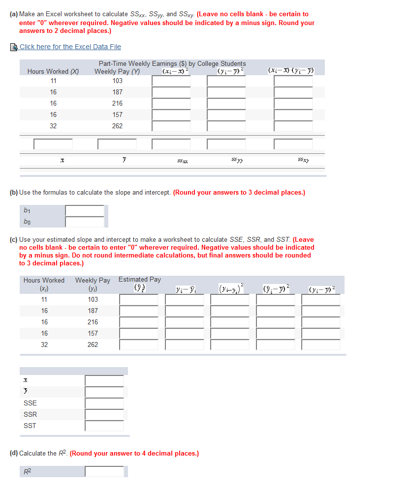 Solved A Make An Excel Worksheet To Calculate Ssxx Ssyy Chegg Com