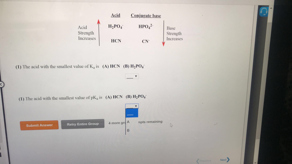 Solved Acid Conjugate Base H2PO4 HPO42 Acid Strength Incr