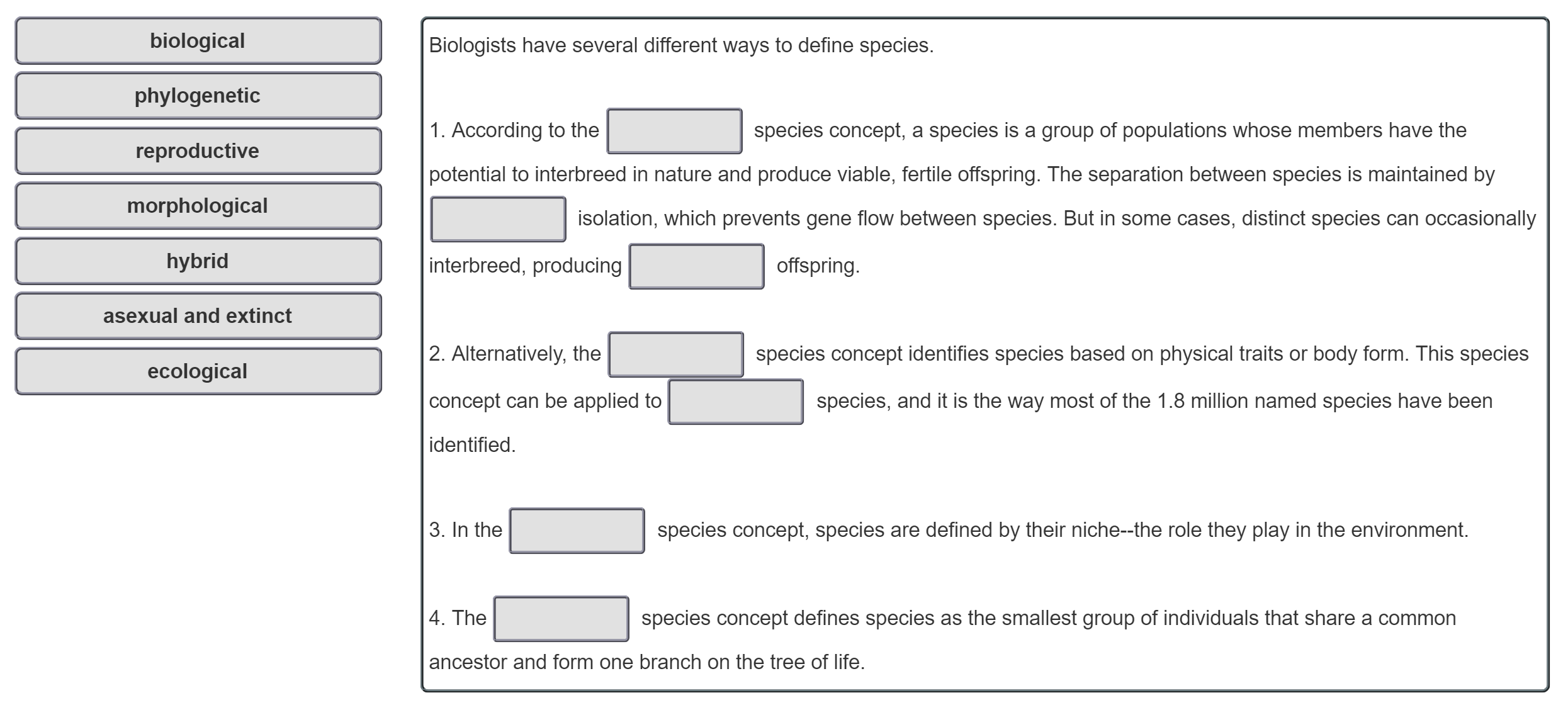 SOLVED: Activity 1: The Concept of Species Directions: Using the graphic  organizer below, describe what is meant by a species. Definition Ecological  Unit Reproductive Community SPECIES Genetical Unit