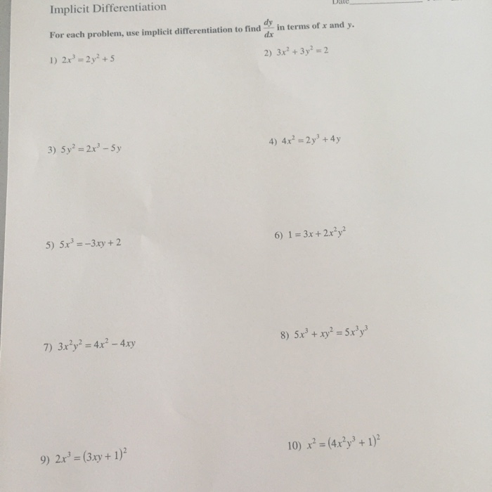 Solved For Each Problem Use Implicit Differentiation To Chegg Com