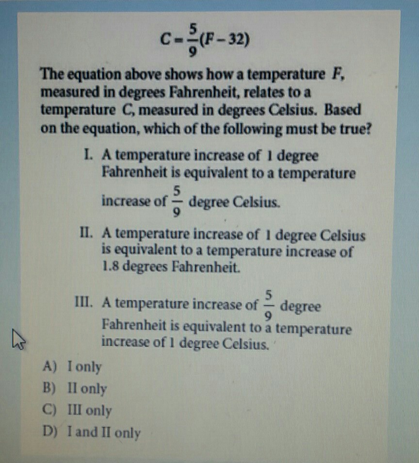 faith wants to use the formula c(f)= 5/9(f-32) to convert degrees to  fahrenheit, f, to degrees celsius, 