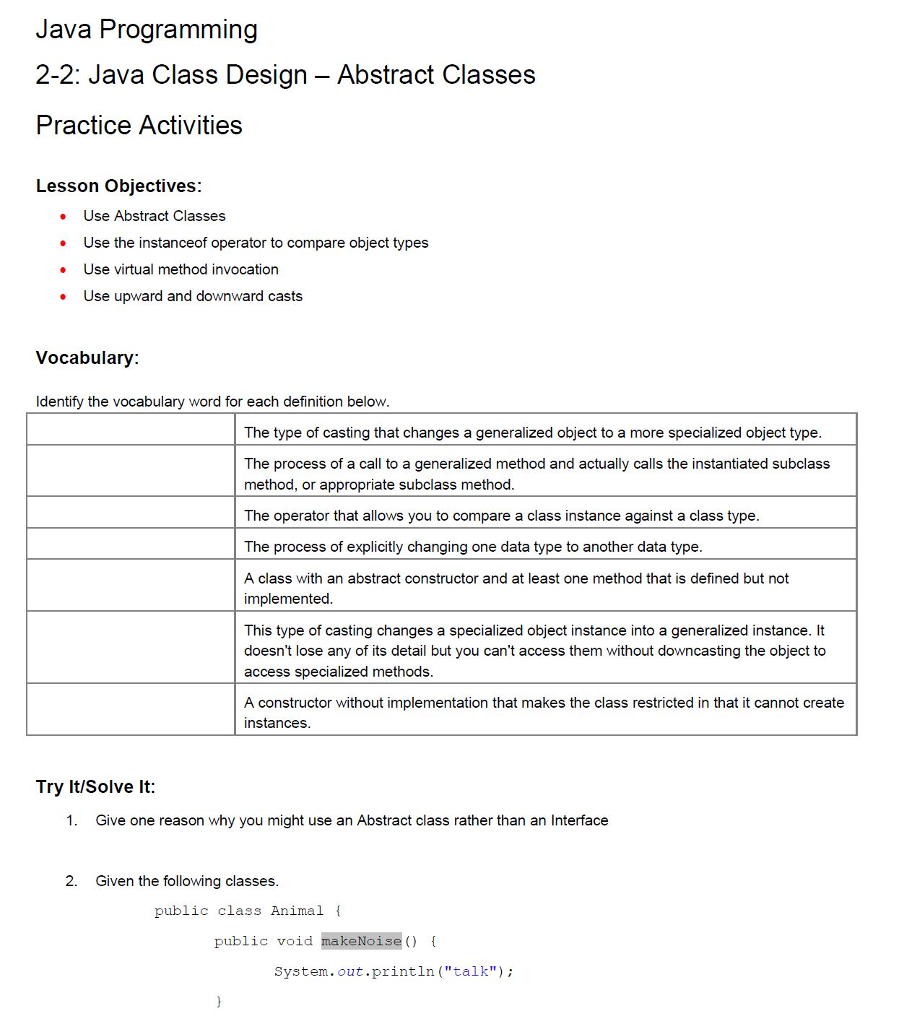 Solved Java Programming 2 2 Java Class Design Abstract Chegg Com