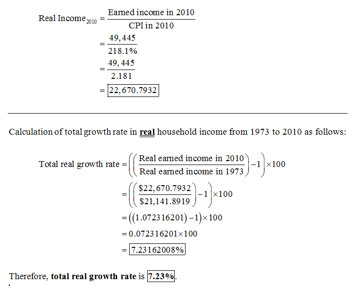 Earned income in 2010 CPI in 2010 Real Income2010 49,445 218.1% 49,445 2.181 -22,670.7932 Calculation of total growth rate in