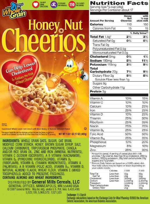 Cheerios Nutrition Chart