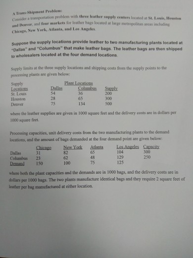 Consider a transportation problem with three leather supply centers located at St. Lowis, Houston er, and four markets for leather bags located at large metropolitan areas inclading Chicago, New York, Atlanta, and Los Angeles Suppose the supply locations provide leather to two manufacturing plants located at Dallas and Columbus that make leather bags. The leather bags are then shipped to wholesalers located at the four demand locations Supply limits at the three supply locations and shipping costs from the supply points to the processing plants are given below: Supply DallasColumbus Supply St. Louis Houston Denver 28 

<div class=