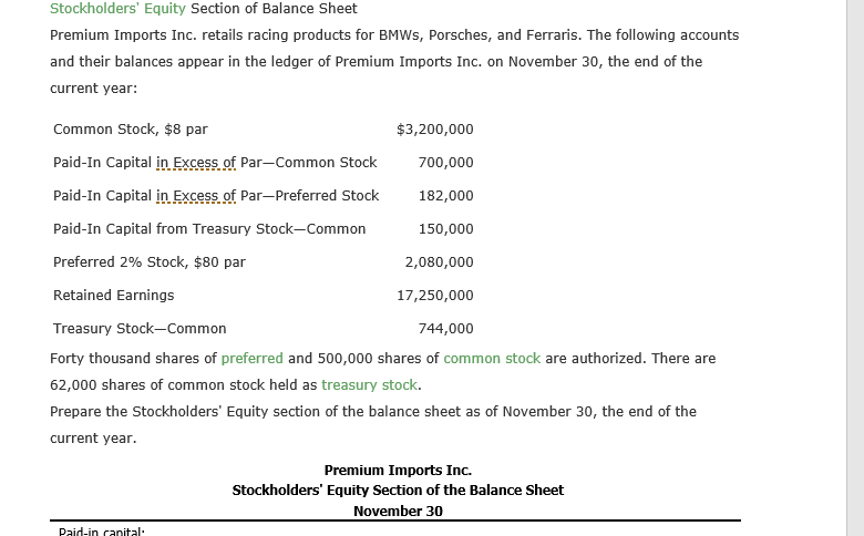Solved Stockholders Equity Section Of Balance Sheet Premium Chegg Com