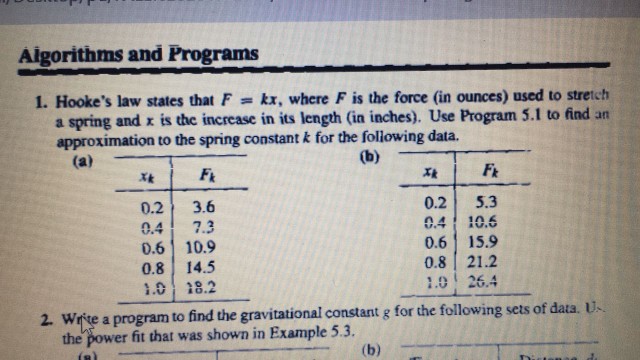 Aigorithms and Programs 1. Hookes law states that F kx, where F is the force (in ounces) used to stretch a spring and r is the increase in its length (in inches). Use Program 5.1 to find an approximation to the spring constant k for the following data. Fr 碓 Fr Tk 0.2 3.6 0.4 7.3 0.6 10.9 0.8 14.5 1018.2 0.2 5.3 0.410.6 0.6 15.9 0.8 21.2 1.0 26.4 2. Write a program to find the gravitational constant g for the following sets of data. U the power fit that was shown in Example 5.3.