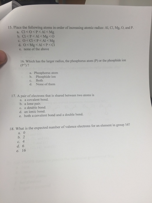 Solved Place The Following Atoms In Order Of Increasing A