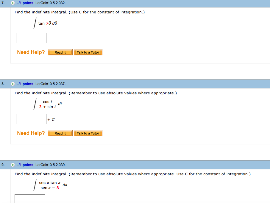 Indefinite integral practice picture
