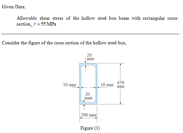 Given Data Allowable shear stress of the hollow steel box beam with rectangular cross- section,I-55 MPa Consider the figure o