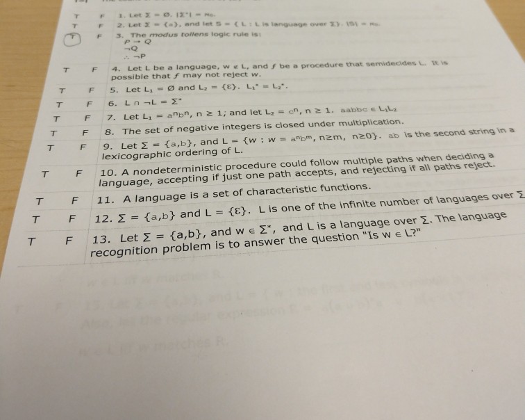 2.Let S = (a), and let S-«L:Lisianguage over S.ISI-mo. F 3. The modus tollens logic rule is: TF4. Let L be a language, wL. and s be a procedure that se midecides L. wiw possible that may not reject w. TF 5. Let L -o and L,-(. LL ,- F 7. Let L1 = anbn, n 1; and let L2-cn , n z 1. aabbe e Like TF 8. The set of negative integers is closed under multiplication. T F 9. Let S = {a,b), and L-{w : w-anbm, n m, n 0). ab is the second string in a lexicographic ordering of L. T F 10. A nondeterministic procedure could follow multiple paths when deciding a language, accepting if just one path accepts, and rejecting if all paths reject. TF 11. A language is a set of characteristic functions. F L is one of the infinite number of languages over S T 12. S = {a,b} and L-(E). 13. Let S = {a,b), and w e S, and L is a language over S. The language recognition problem is to answer the question Is w e L? F