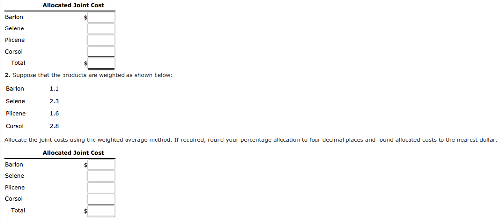 Allocated Joint Cost Barlon Selene Plicene Corsol Total 2. Suppose that the products are weighted as shown below: Barlon Selene Plicene Corsol Allocate the joint costs using the weighted average method. If required, round your percentage allocation to four decimal places and round allocated costs to the nearest dollar 1.1 2.3 1.6 2.8 Allocated Joint Cost Barlon Selene Plicene Corsol Total