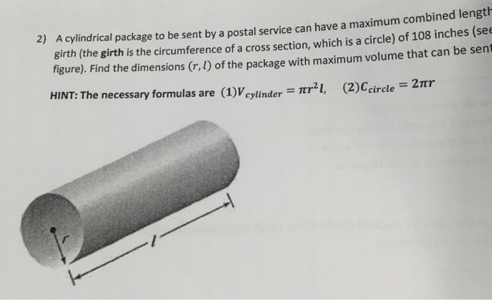A Cylindrical Package To Be Sent A Postal Service Chegg 