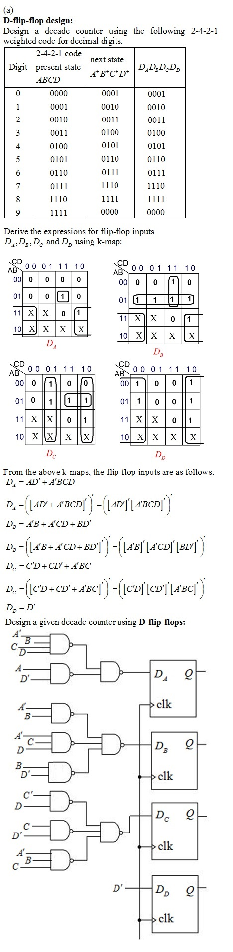 D-flip-flop design: Design a decade counter using the following 2-4-2-1 weighted code for decimal digits. 2-4-2-1 code Digit