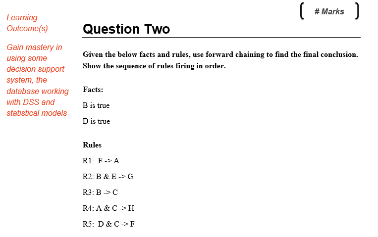 # Marks Learning Outcome(s) Question Two Gain mastery in using some decision support Show the sequence of rules firing in order system, the database working Facts with DSS and statistical models Given the below facts and rules, use forward chaining to find the final conclusion B is true D is true Rules R1: F>A R2: B & EG R3: B-C R4: A & C->H R5: D & C>F