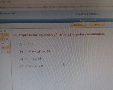 Express The Equation Y 2 X 2 25 In Polar Chegg Com