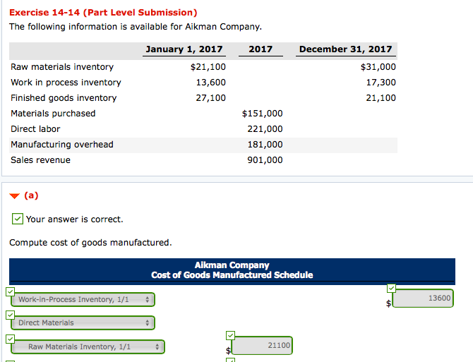 Exercise 14-14 (Part Level Submission) The following information is available for Aikman Company 2017 January 1, 2017 $21,100 13,600 27,100 December 31, 2017 $31,000 17,300 21,100 Raw materials inventory Work in process inventory Finished goods inventory Materials purchased Direct labor Manufacturing overhead Sales revenue $151,000 221,000 181,000 901,000 ▼ (a) Your answer is correct. Compute cost of goods manufactured Aikman Company Cost of Goods Manufactured Schedule Inventory, 1/1 13600 Direct Materials Raw Materials Inventory, 1/1 21100