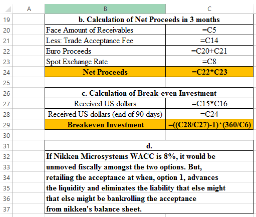 19 b. Calculation of Net Proceeds in 3 months Face Amount of Receivables Less: Trade Acc Euro Proceeds Spot Exchange Rate -C1