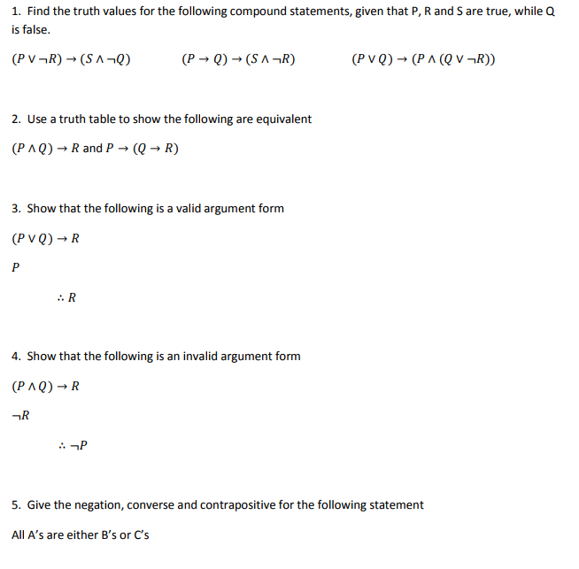 Solved 1 Find The Truth Values For The Following Compoun Chegg Com