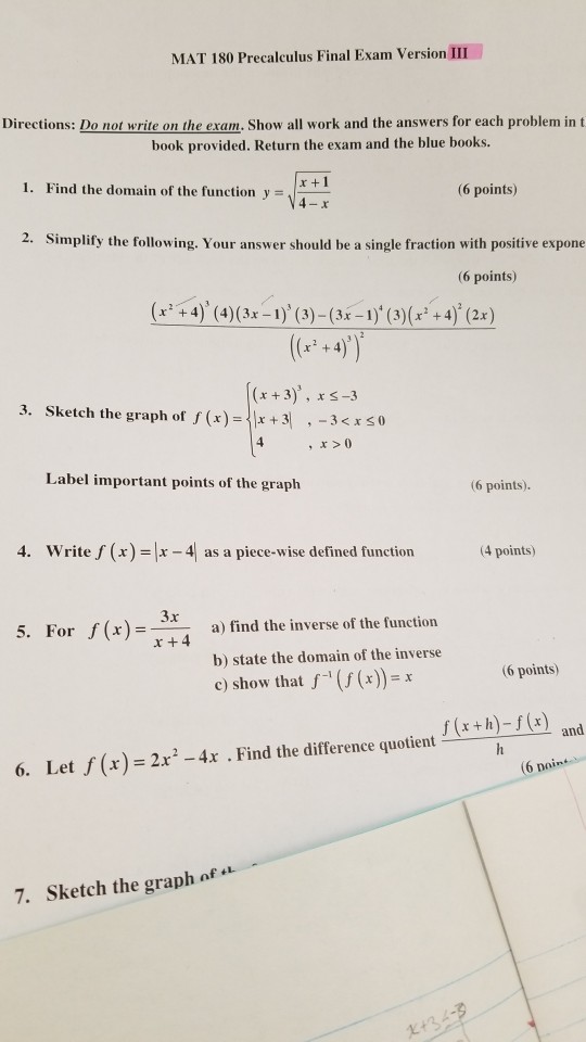 Solved Mat 180 Precalculus Final Exam Version Iii Directi